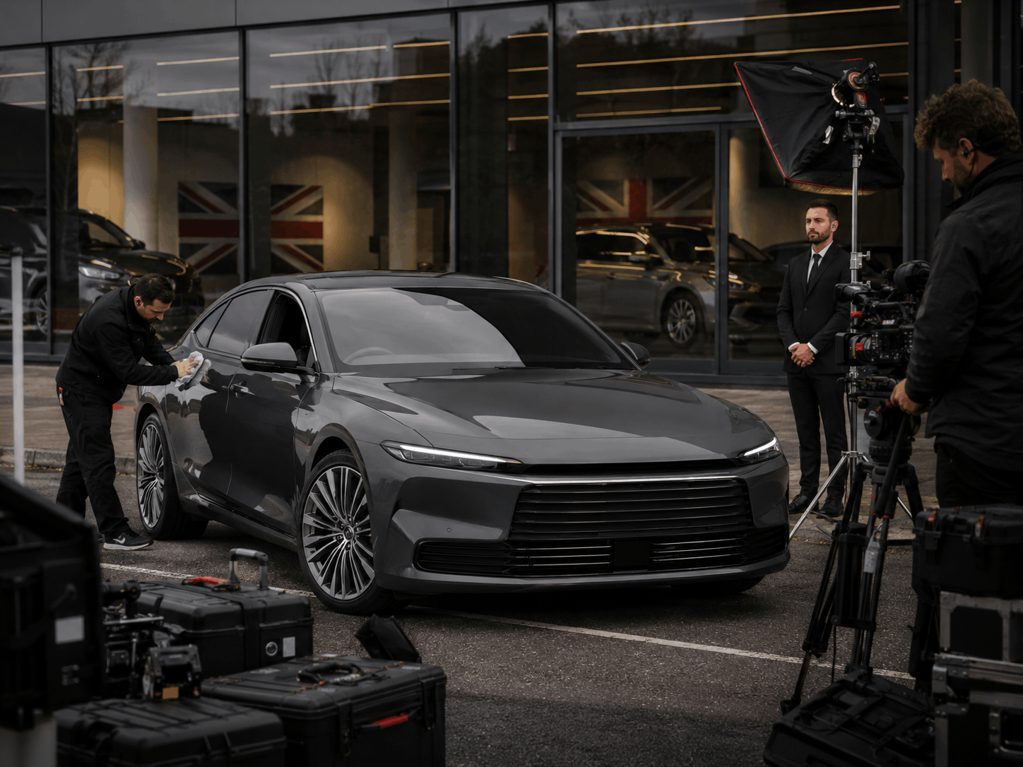 Camera crew preparing a rental car for a commercial shoot