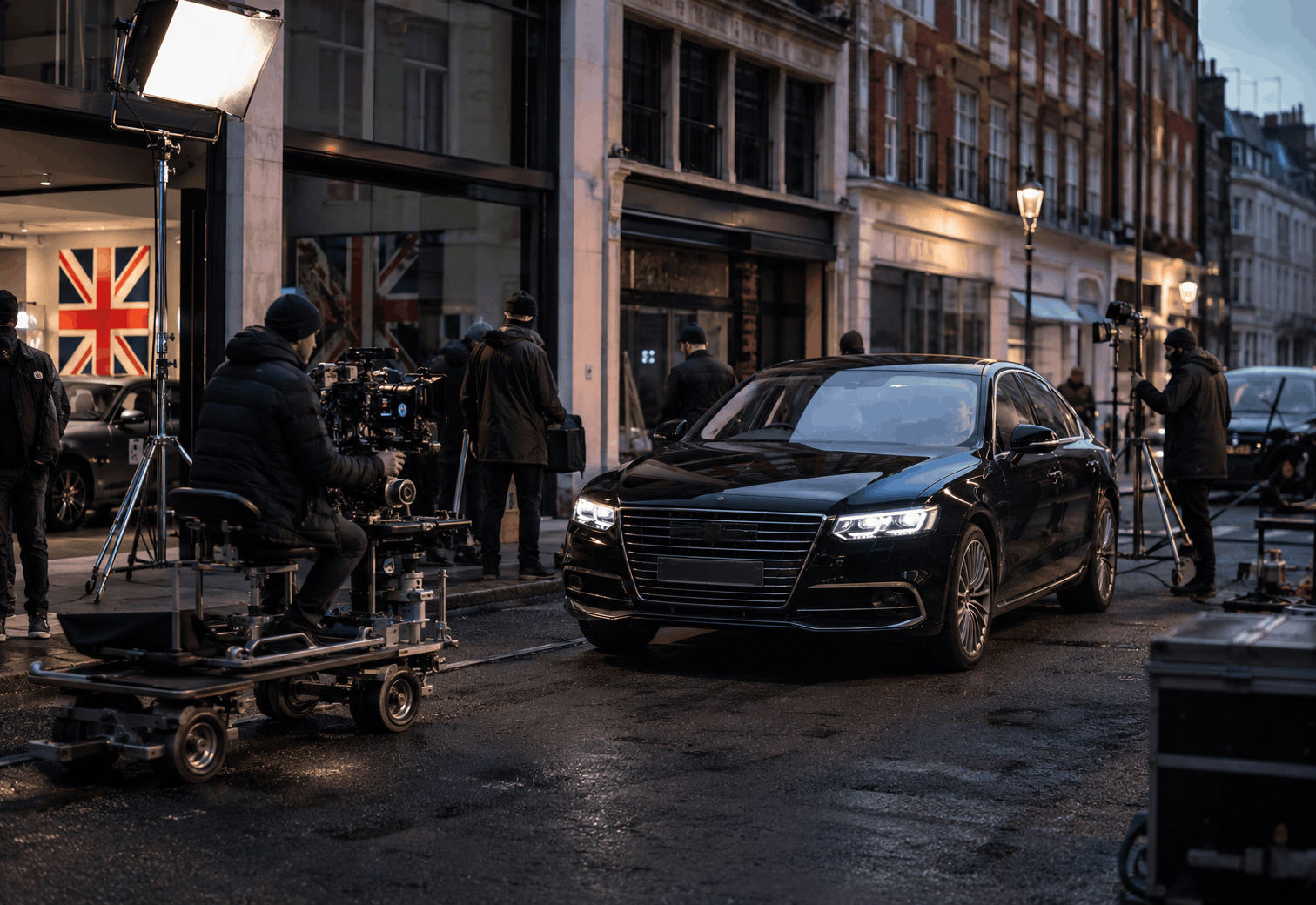 Production crew filming beside a clean rental vehicle on location