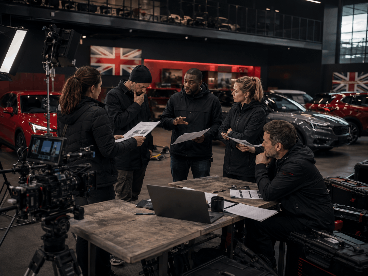 Production team reviewing vehicle logistics beside a camera setup